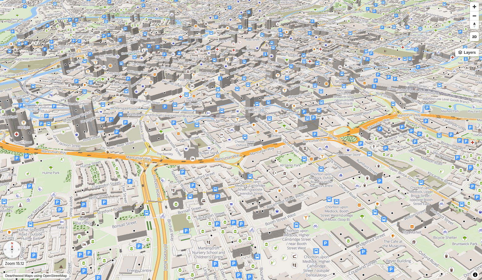 Dearthwood Maps — 3D UK maps API rendering showing roads, buildings, and routes